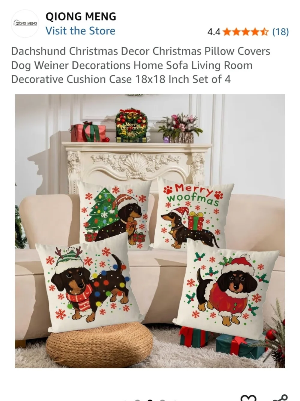 Qiong Meng Merry Woofmas Dachshund Christmas Pillow Covers - Set of 4, White